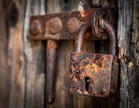 Old rusty lock on wooden door.