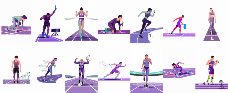 Professional vector illustrations of diverse male and female athletes participating in various track and field events on a purple running track.