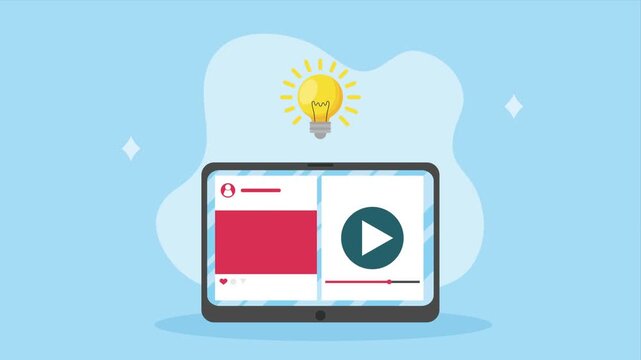 Tablet device animation with video player interface and glowing light bulb representing creative ideas and online content.