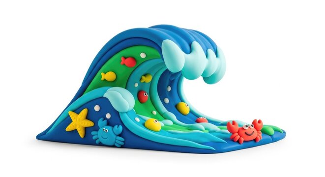 Colorful Clay Ocean Wave with Fish Crab and Starfish on White Background
