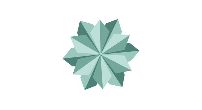 Teal faceted starburst with overlapping geometric shapes on white