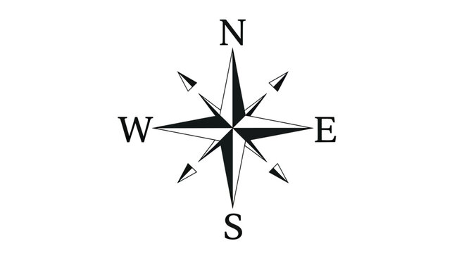 Black compass rose with cardinal directions and four intermediate points on white background