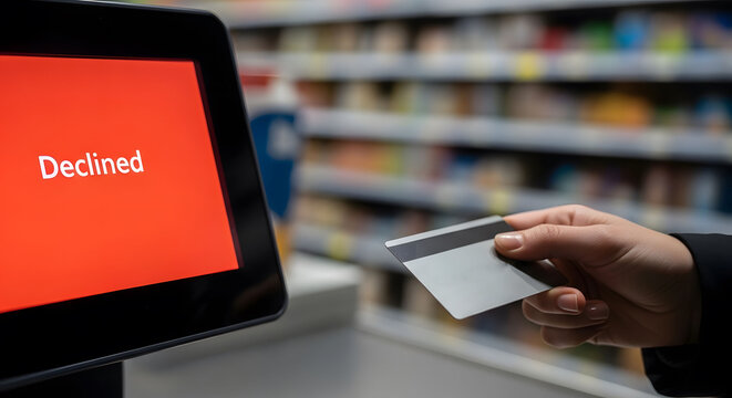 Payment declined message on a digital screen in a retail store setting, showing a rejected credit card transaction during checkout, representing debt, financial issues, or insufficient funds