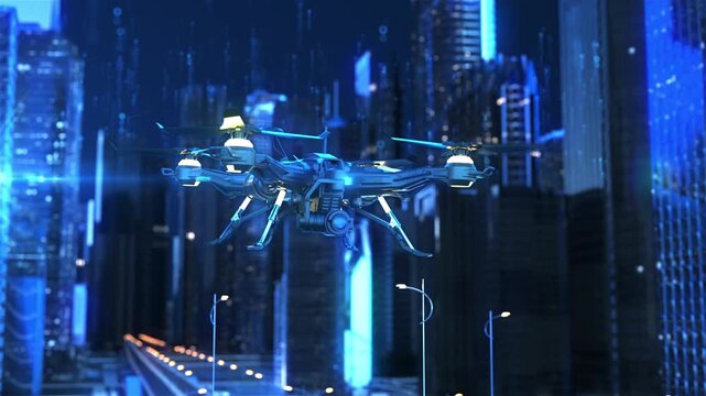 High-tech city drones, glow drone captures city footage, A metallic drone with blue glowing lights hovers over a futuristic cityscape at night, with skyscrapers and streetlights in the background.