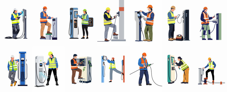 Illustrations of technicians and engineers maintaining, installing, and testing electric vehicle charging stations and renewable energy infrastructure.