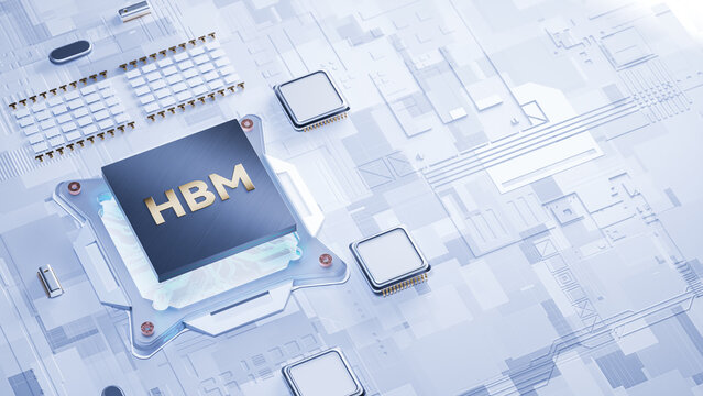 HBM high bandwidth memory technology concept 3D stock asset, perfect for AI computing semiconductor blog posts, tech business presentations, website banners and professional marketing design materials