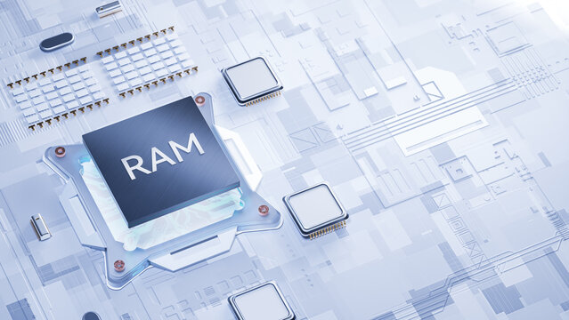 RAM random access memory semiconductor 3D illustration, ideal digital stock asset for technology blog post, computer hardware presentation