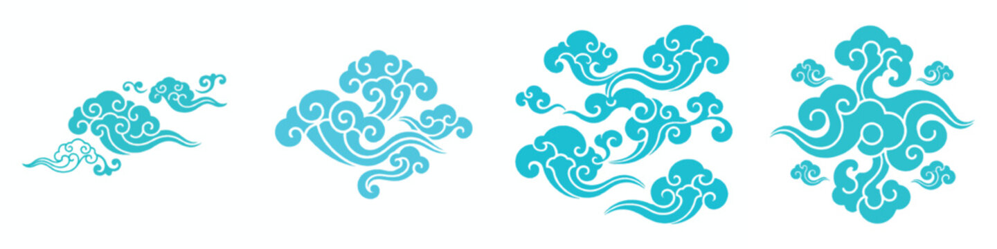  Flat design of traditional Chinese auspicious clouds, bright cyan and white, minimalist curved shapes, no outlines, plain white background.
