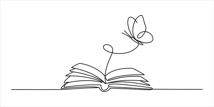 Continuous single line drawing of an open book with a flying butterfly rising from the pages as a symbol of imagination and creative learning Vector, illustration