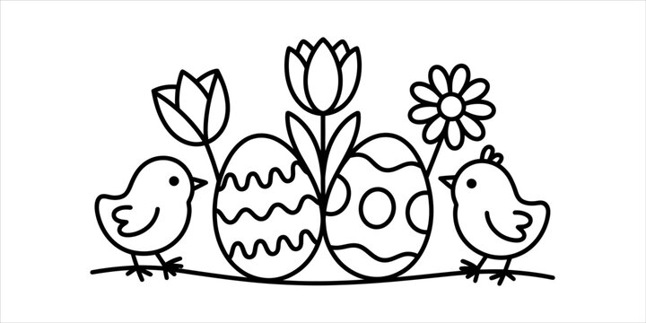 Cute easter coloring page with two little baby chicks standing next to decorated eggs and spring flowers in a simple hand drawn line art style Vector, illustration
