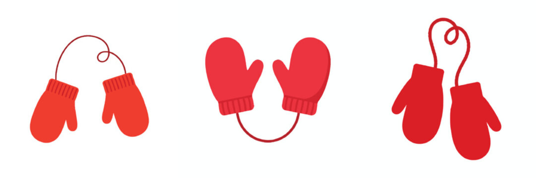 A pair of bright red mittens connected by a string, simple flat vector, no outline, plain white background.