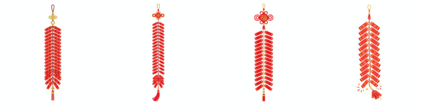 Minimalist flat design of a string of Chinese firecrackers, bright red with gold accents, modern vector style, no outlines, plain white background.
