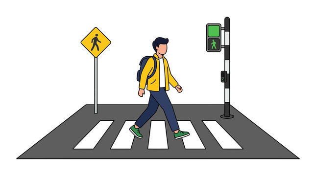 Man crossing street at crosswalk with green light