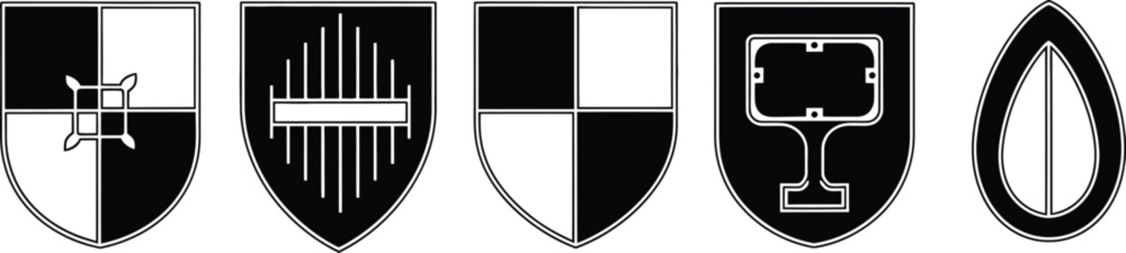 Five black and white shield icons isolated on transparent background