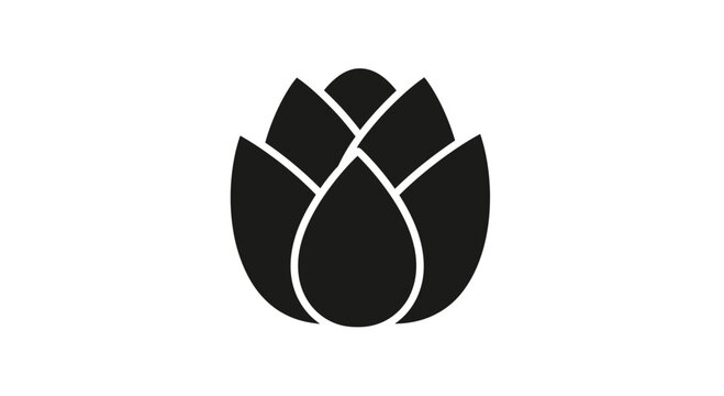 Stylized black silhouette of a blooming flower or pinecone against a white background