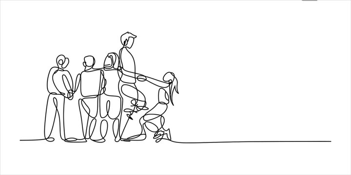 Continuous single line drawing of a group of diverse happy people standing together in a circle holding hands in a friendly and supportive team bond Vector, illustration
