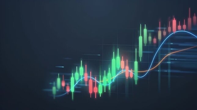 Financial market candlestick chart with upward trend lines