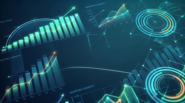 Financial data visualization with charts and graphs showing quarterly growth analysis