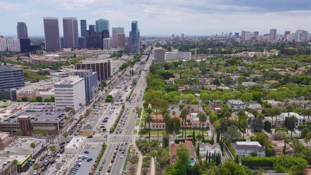 Beverly Hills Rotating Aerial View of Homes and Century City Skyline