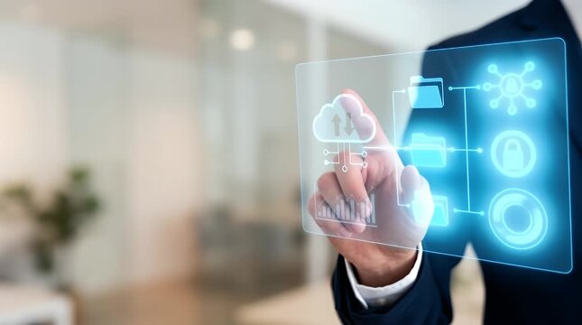 Businessman interacting with holographic cloud storage interface in modern office