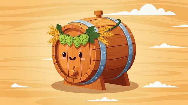 Animated wooden barrel with cute face, hops, and wheat on yellow background with clouds
