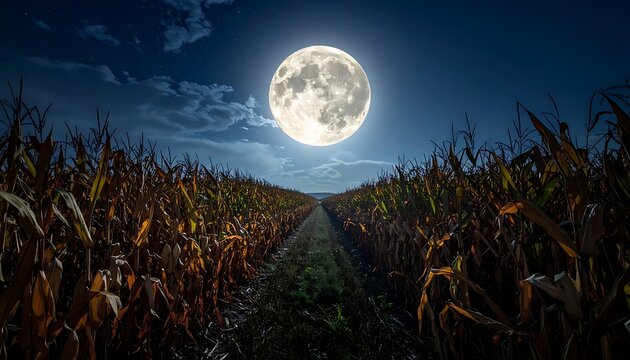 Moonlit cornfield path at night time.