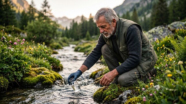 Senior environmental scientist collecting water samples from a pristine mountain stream for ecological research and quality testing
