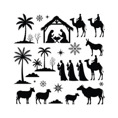Fototapeta premium Nativity Scene Silhouettes Set with Holy Family, Three Wise Men, and Stable Animals