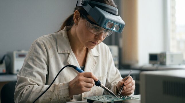 A woman solder electronic circuit board, showing her precise work