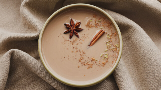 Gew&uuml;rzter Chai Tee mit Sternanis und Zimt auf Leinen