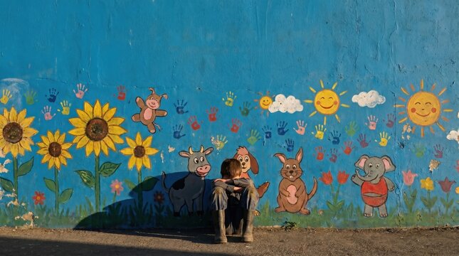 A happy dog sitting in front of a colorful mural with sunflowers and cartoon animals.