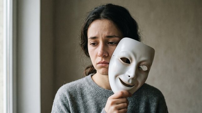 Mask hiding real sadness, symbolizing hidden emotions and identity.