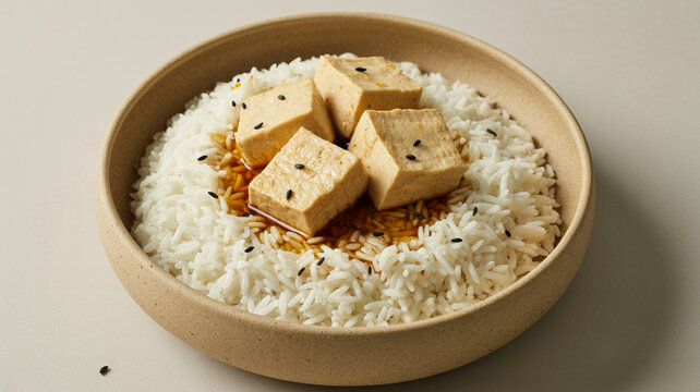 Ged&auml;mpfter Reis mit gebratenem Tofu und Sesam, minimalistisch
