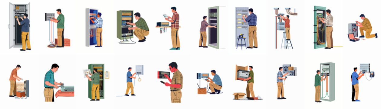 Collection of illustrations depicting network engineers and IT technicians performing server maintenance, hardware installation, and data center management tasks on a white background.
