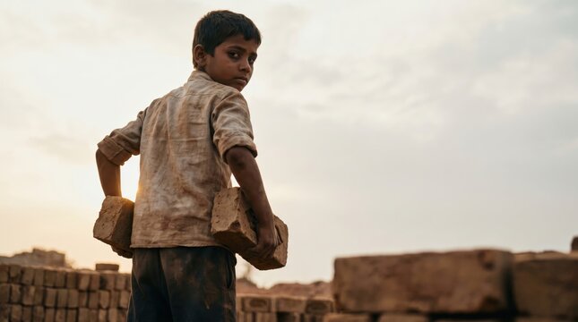 Young boy carrying bricks at a construction site, looking back over his shoulder.
