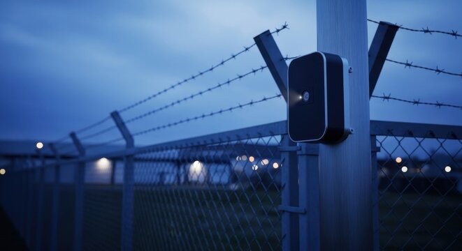Integrated thermal camera housing mounted discreetly on a security fence post at night for advanced surveillance.