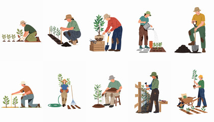 Fototapeta premium Set of vector illustrations showing people engaged in various gardening, planting, and reforestation activities like digging, watering, and staking saplings.