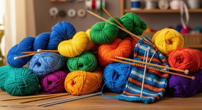 A vibrant collection of colorful yarn skeins and knitting needles, showcasing various textures and hues for creative crafting projects.