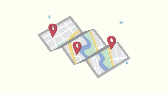 Cartoon folded paper map with location pin markers animation for travel navigation and tourism concepts on white background.