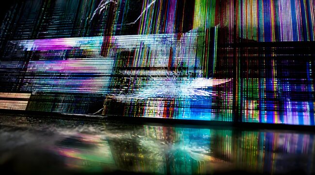 Cinematic glitch background with broken LCD screen and reflections. Abstract digital noise and colorful pixels.
