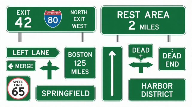 Collection of green highway signs on white background for navigation and direction