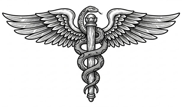 Vintage medical staff and serpent symbol vector healthcare engraving isolated on white