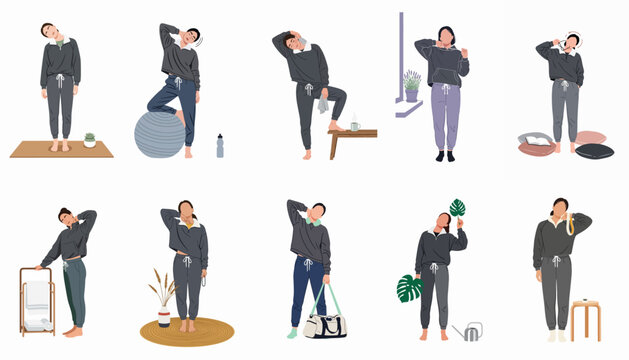 Flat illustration set of a woman performing various neck stretching exercises and movements for health, pain relief, and posture correction at home.
