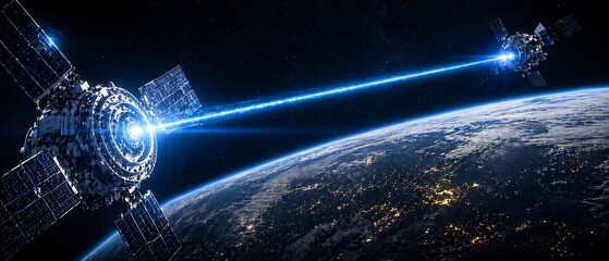 Fototapeta premium Satellites in space with laser beam communication over Earth
