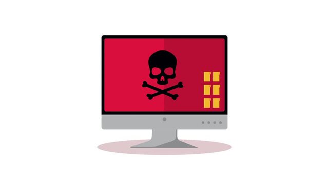 Computer screen displays skull and crossbones symbol indicating cyber threat or virus alert.