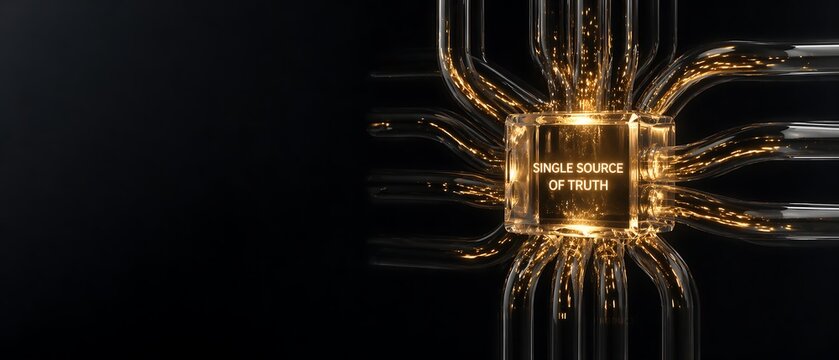 Glowing glass sculpture with single source of truth text
