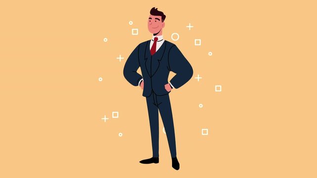Animated businessman character standing in confident pose with hands on hips against yellow background.