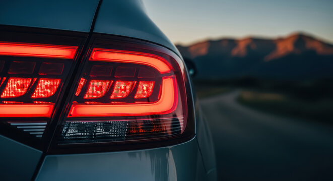 Modern luxury vehicle tail light glows brightly while driving along a scenic winding road during a beautiful golden sunset hour