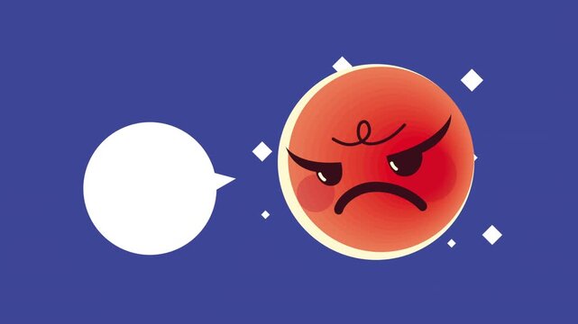 Animated angry red emoji on blue background with white speech bubble, motion graphic for social media emotion.