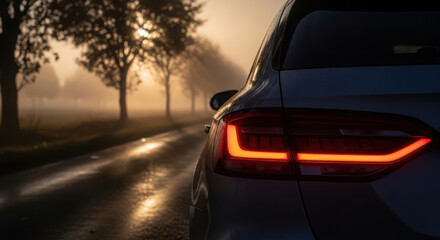 Fototapeta premium Modern luxury car featuring glowing red tail lights parked on a quiet country road during a hazy early morning sunrise